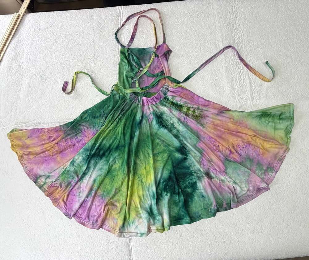 Wild Rich Kids Girls Tie Dye Fit & Flare Square Neck Dress 11/12 Green purple